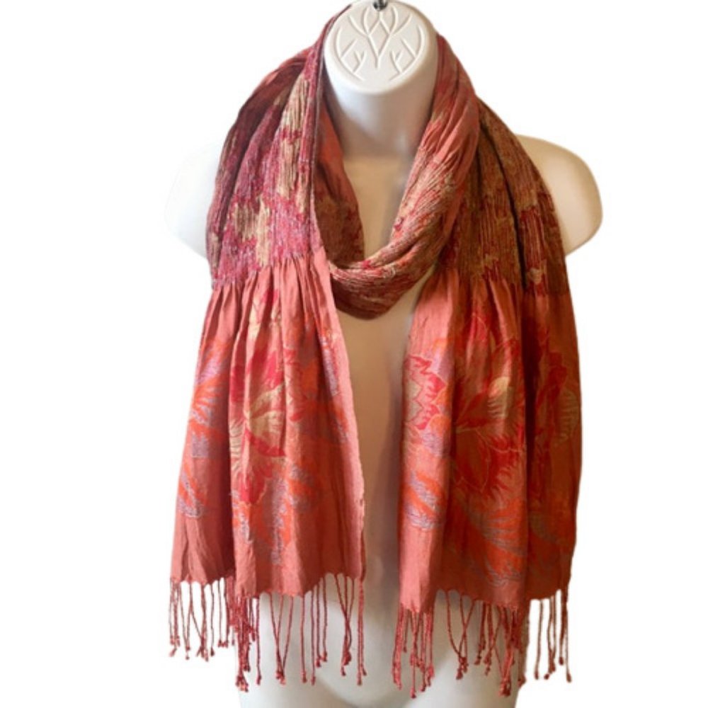 Jacquard Scarf Elastic Panels Fringed Ends Floral Rose Peach Reversible Oblong